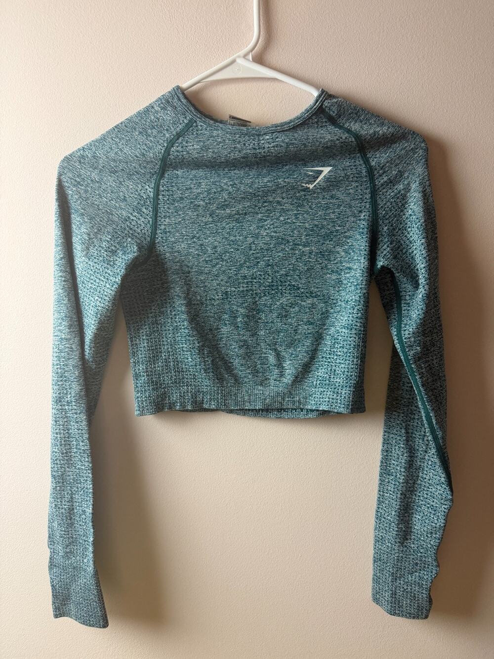 Gymshark Women’s Small Seamless Cropped Long Sleeve Workout Top Teal Thumbholes